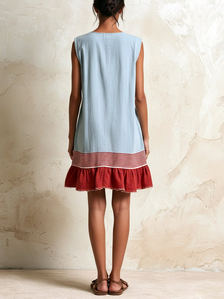 Sleeveless blue mini dress for women, showcasing a stylish ruffle tiered hem with eye-catching contrast trim.