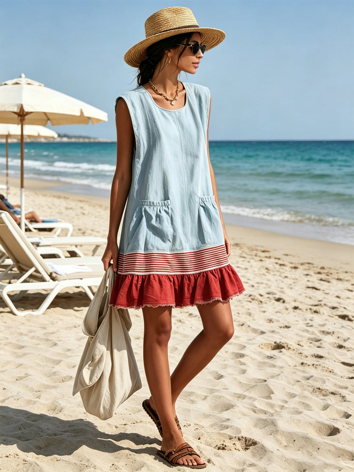 Effortless blue mini dress for women, designed with a charming ruffle tiered skirt & chic contrast details.
