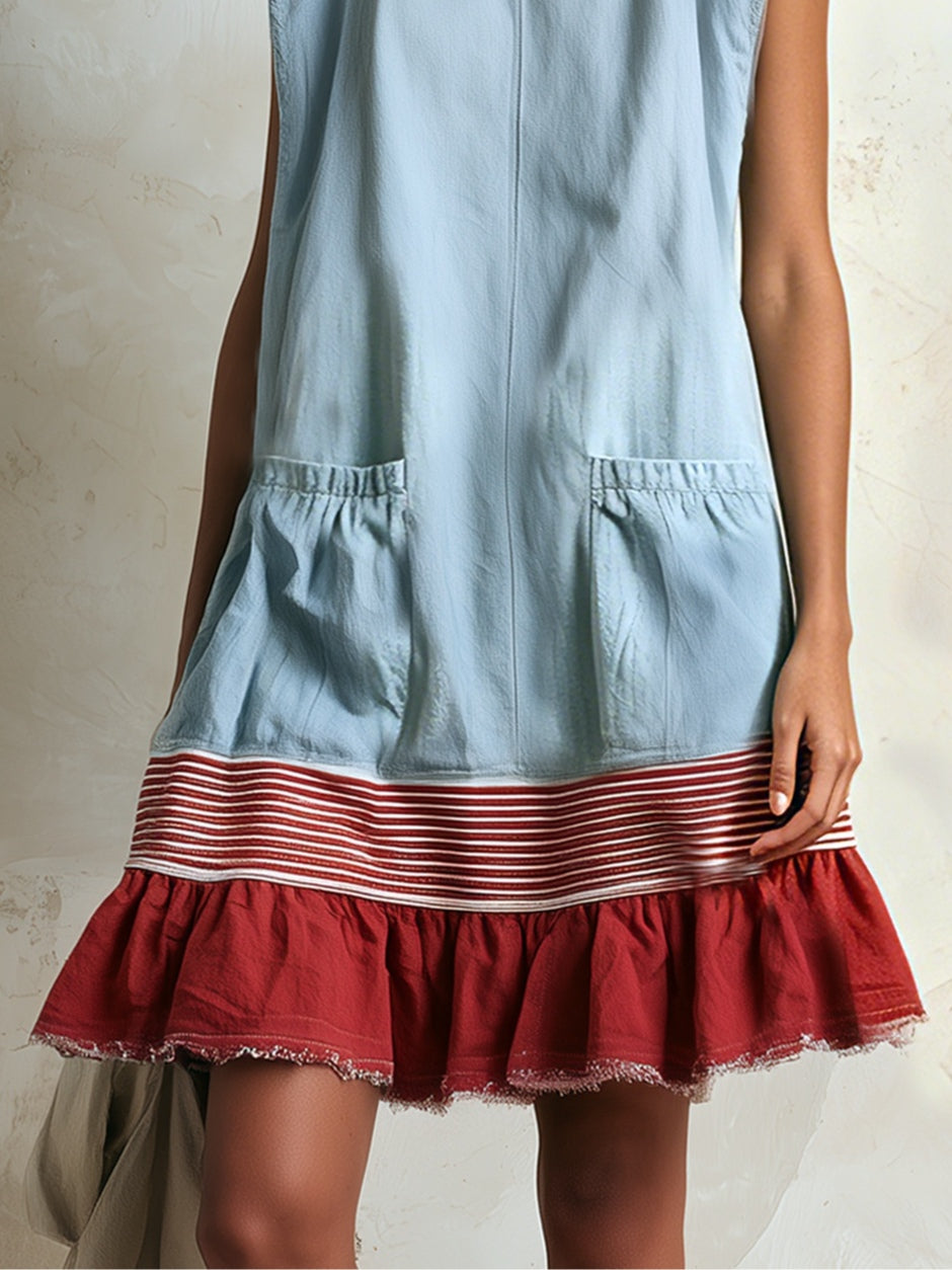 Versatile women's blue mini dress featuring a tiered ruffle skirt & contrast hem, suitable for beach or daily wear.