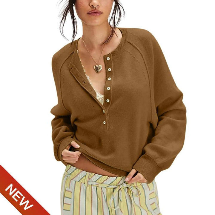 Women's effortless button-front knit pullover sweater for fall fashion & everyday wear.