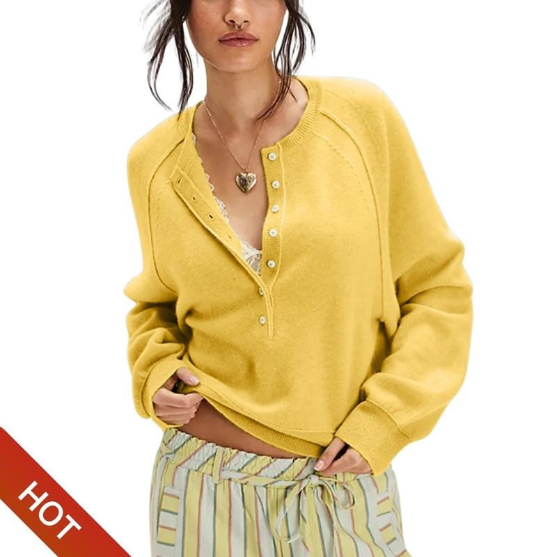 Cozy women's knit pullover sweater featuring button-front henley and long sleeves for versatile winter fashion.