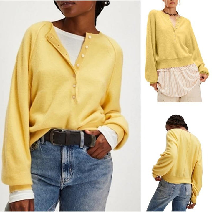 Stylish women's button-front long sleeve knit pullover. Casual & comfortable henley sweater.