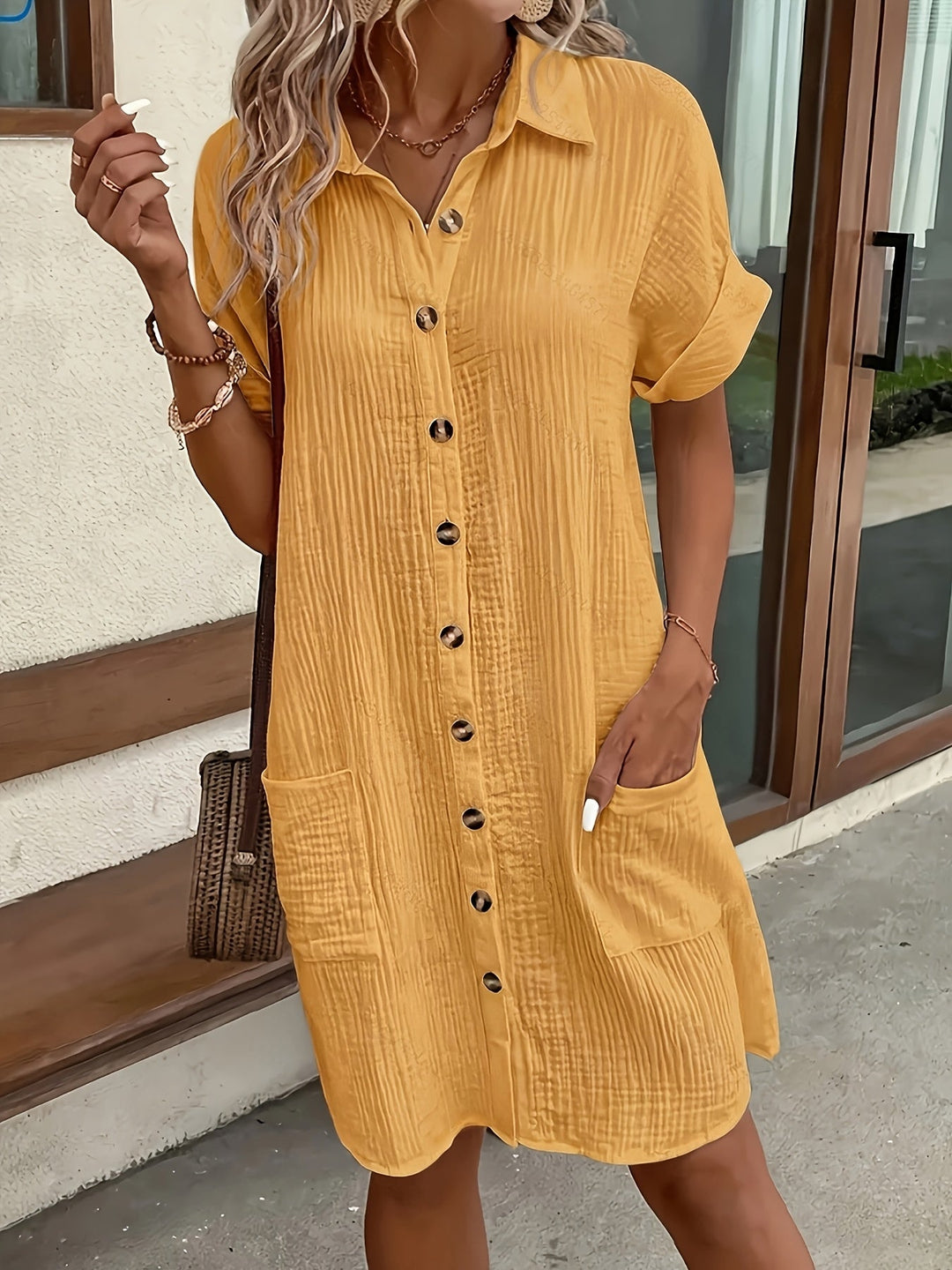Women's effortless button-front shirtdress, perfect for versatile everyday wear & chic summer fashion.