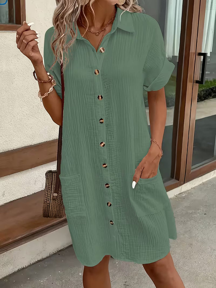 Women's versatile button-front shirtdress. Easy fit, pockets, collared, great for casual summer fashion.