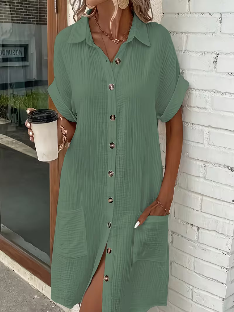 Effortless women's button-front shirtdress with a collared design and easy fit for versatile style.