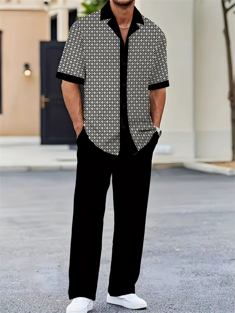 Breathable women's summer two-piece set in a coastal style with a modern geometric print, ultimate comfort.