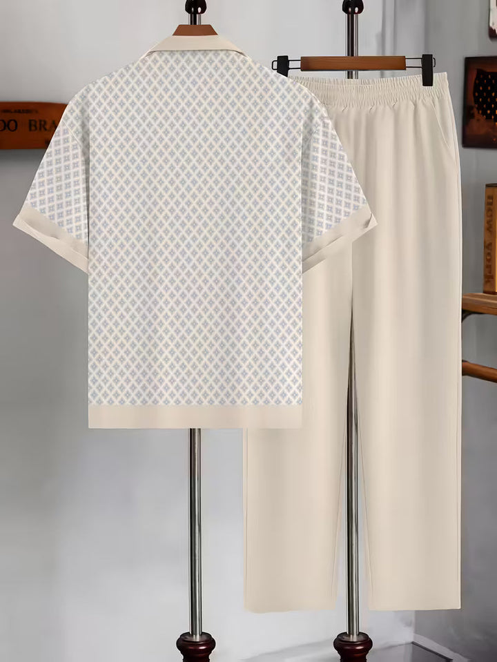 Comfortable women's loungewear two-piece set with a vibrant geometric print, great for effortless coastal fashion.