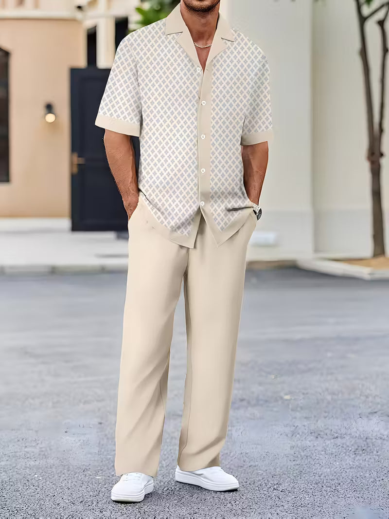 Stylish women's summer outfit: a relaxed fit two-piece coastal set with an eye-catching geometric pattern.