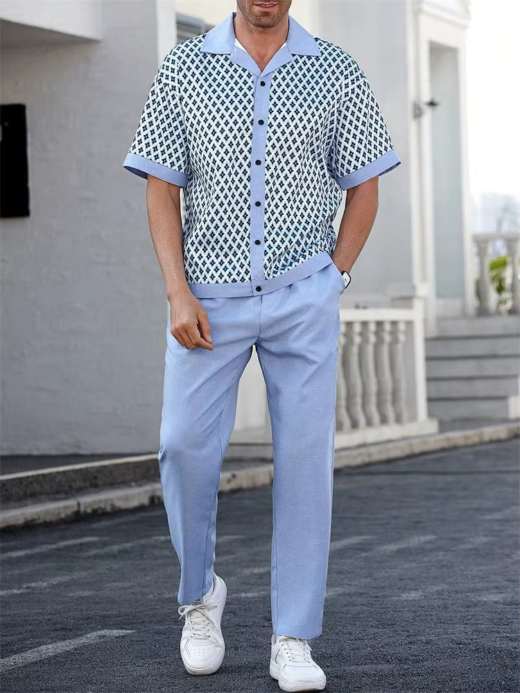Geometric print women's two-piece set, a breathable coastal matching outfit perfect for relaxed resort wear.