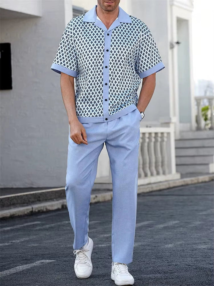 Geometric print women's two-piece set, a breathable coastal matching outfit perfect for relaxed resort wear.