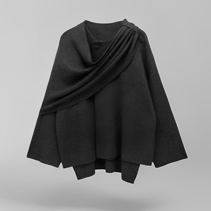 Loose fit women's drape cape coat, a chic and warm transitional jacket, perfect for winter fashion.