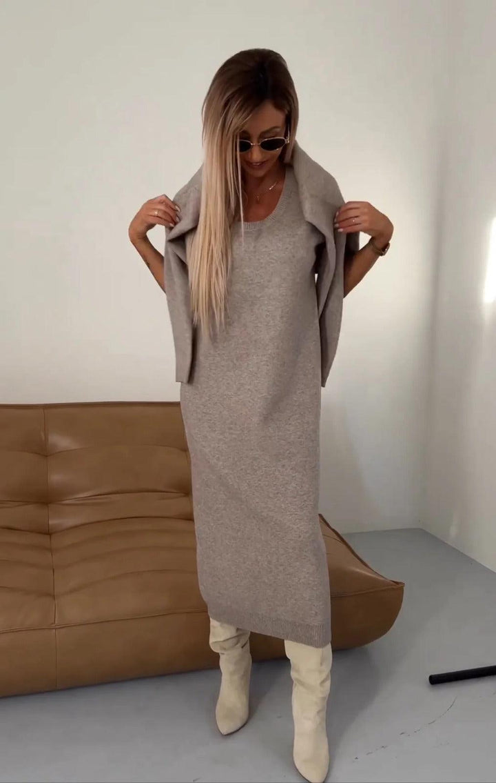 Stylish women's coordinated dress and sweater set, perfect for comfortable everyday fall and spring outfits.