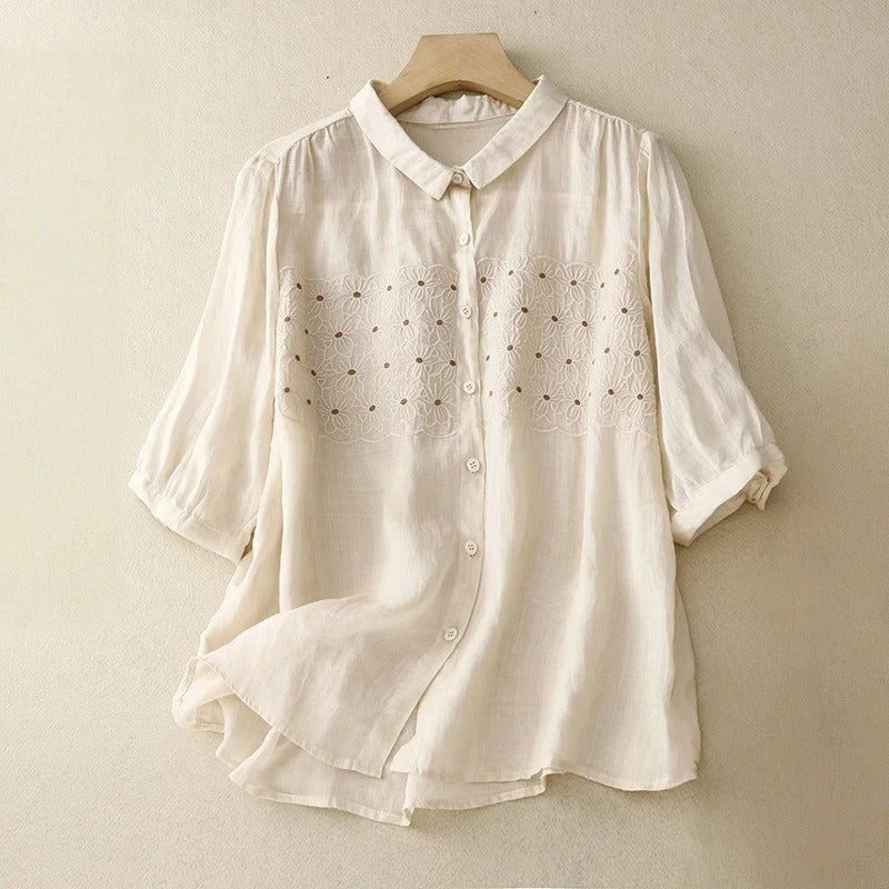 Elegant women's relaxed fit button-up shirt, embroidered for a chic summer top, long sleeve style.