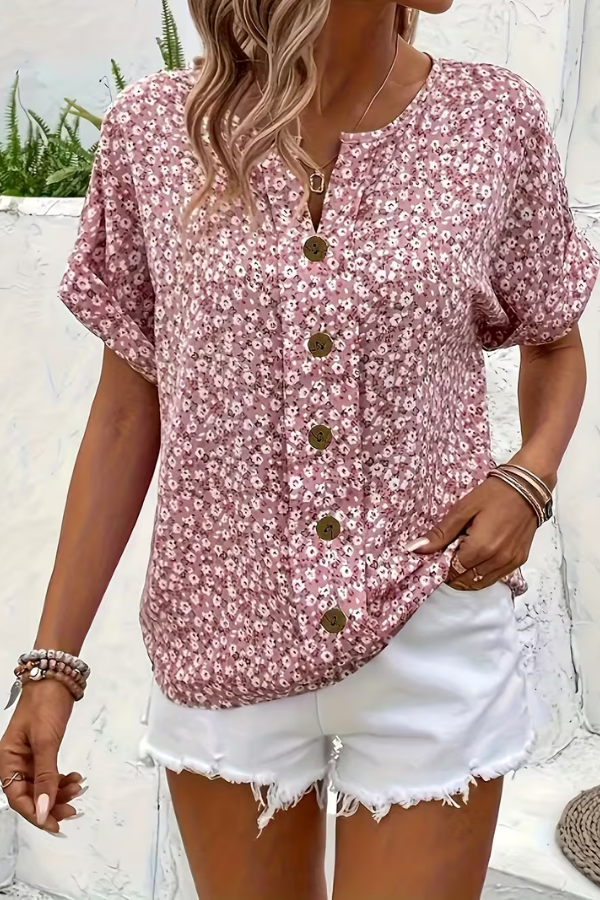 Stylish women's floral summer blouse, breezy & comfortable. Perfect casual top or vacation outfit.