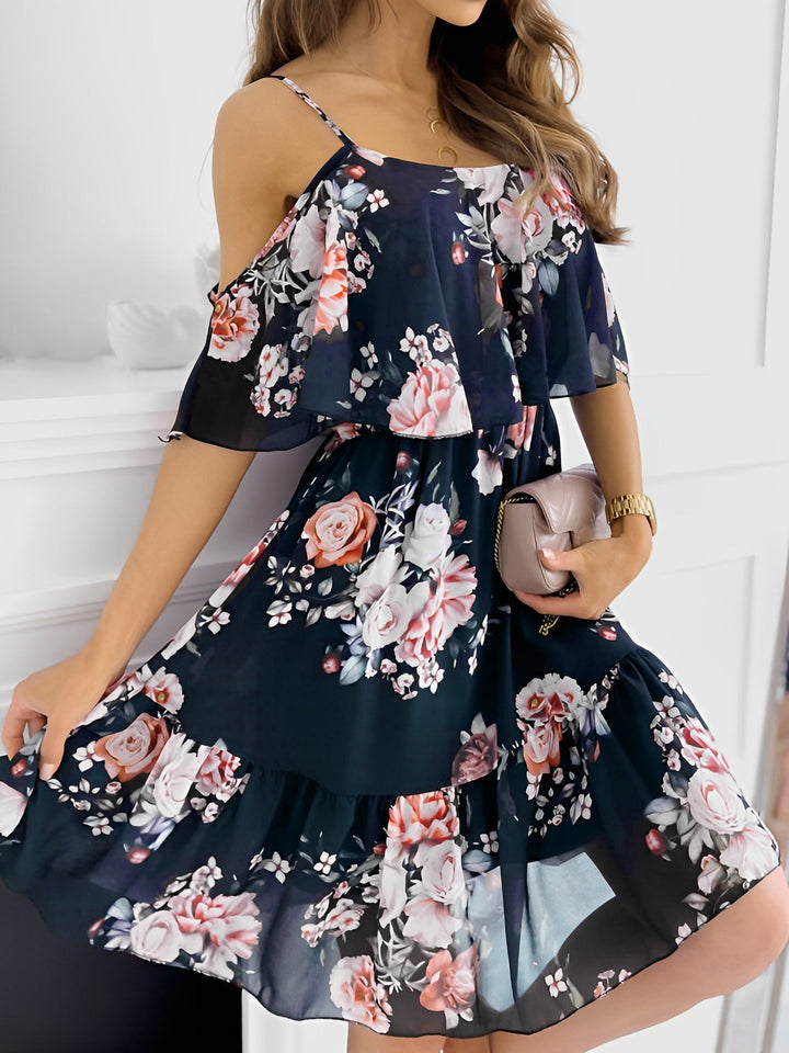 Versatile women's floral cold shoulder mini dress for casual outings, summer, or spring events.