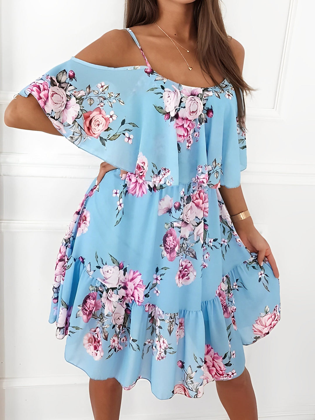 Stylish women's floral cold shoulder ruffle dress, perfect for a party, spring, or vacation.