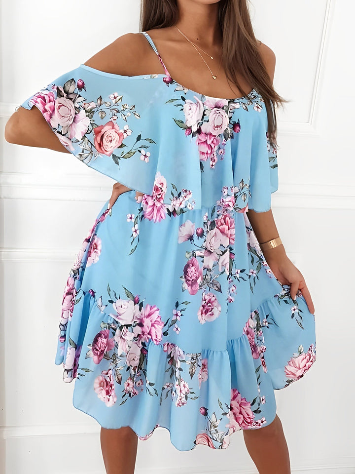 Stylish women's floral cold shoulder ruffle dress, perfect for a party, spring, or vacation.