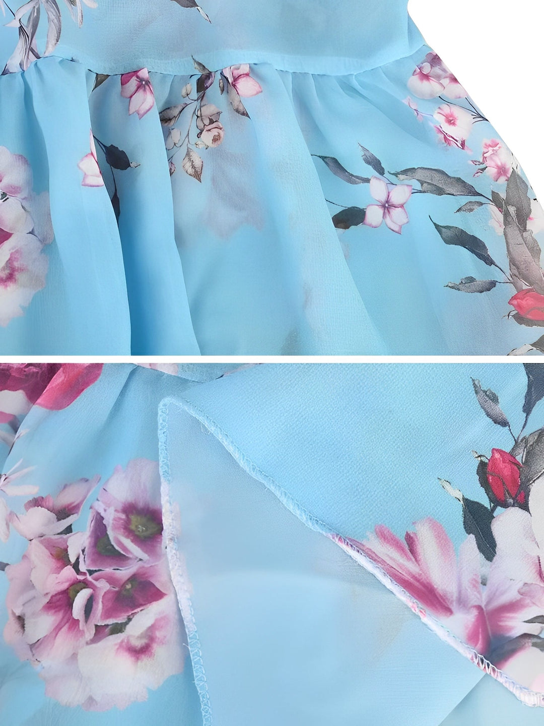 Woman twirling in a flowy floral cold shoulder mini dress, showcasing its effortless movement.
