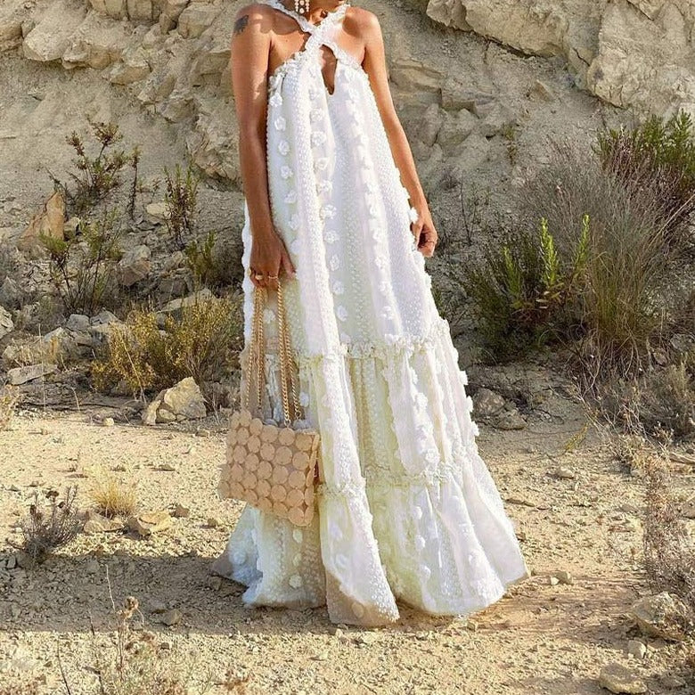 Full view of women's long flowy summer maxi dress, highlighting effortless style, comfort, and vacation readiness.