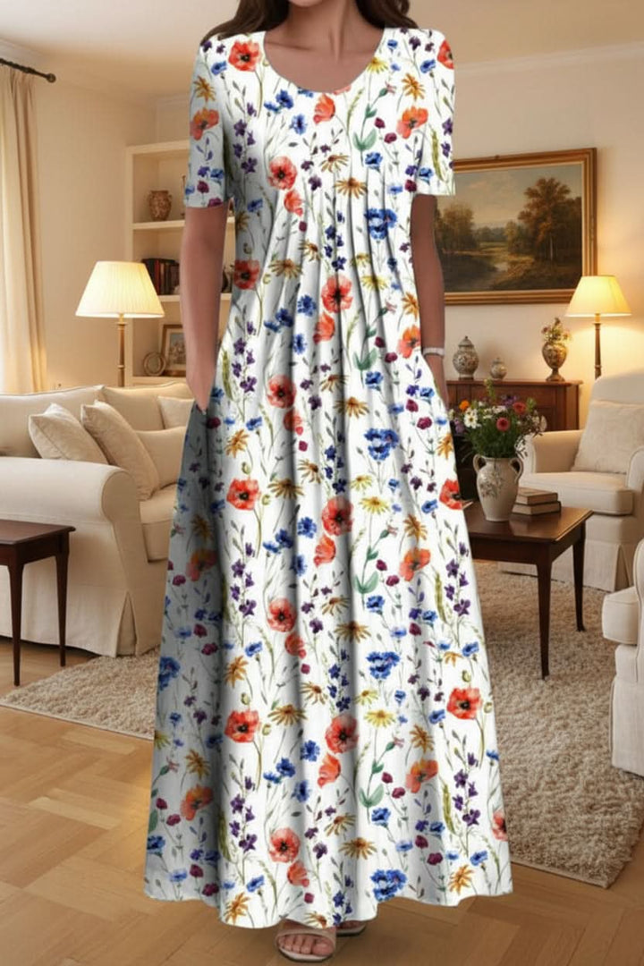 Woman enjoying a comfortable knee-length dress, ideal for casual everyday summer style. Easy slip-on.