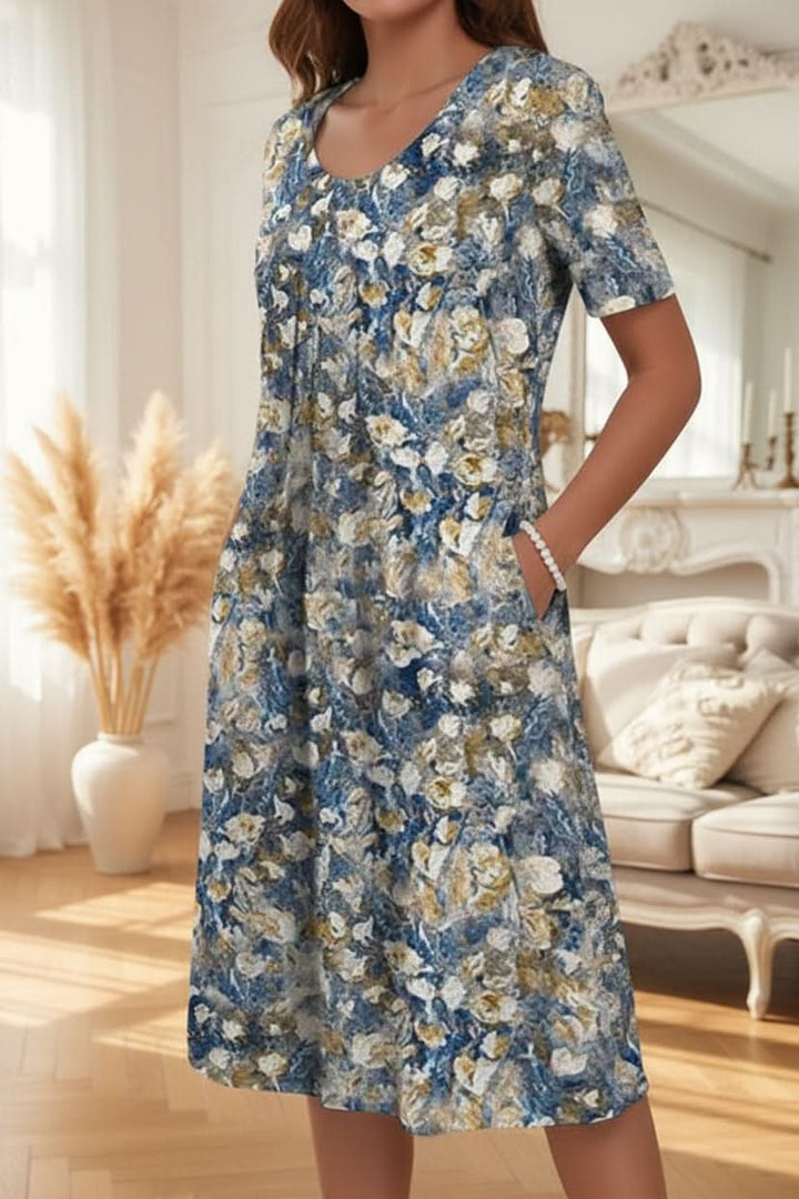 Detail of women's comfortable knee-length dress fabric, highlighting texture for everyday casual style.