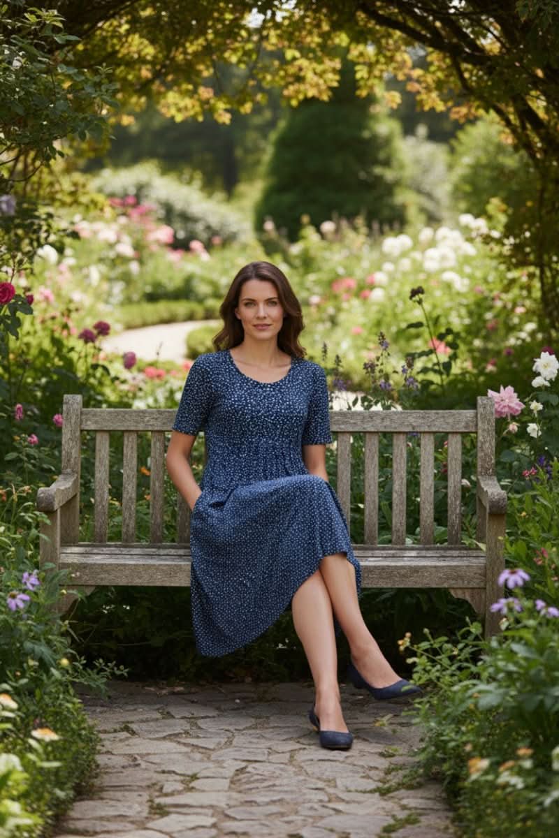 Chic polka dot women's knee-length dress. Effortless casual style, comfortable for everyday summer wear.