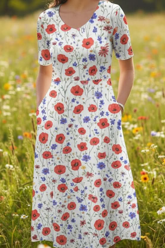 Lightweight summer women's knee-length dress. Effortless casual style, comfortable for everyday wear, slip-on.