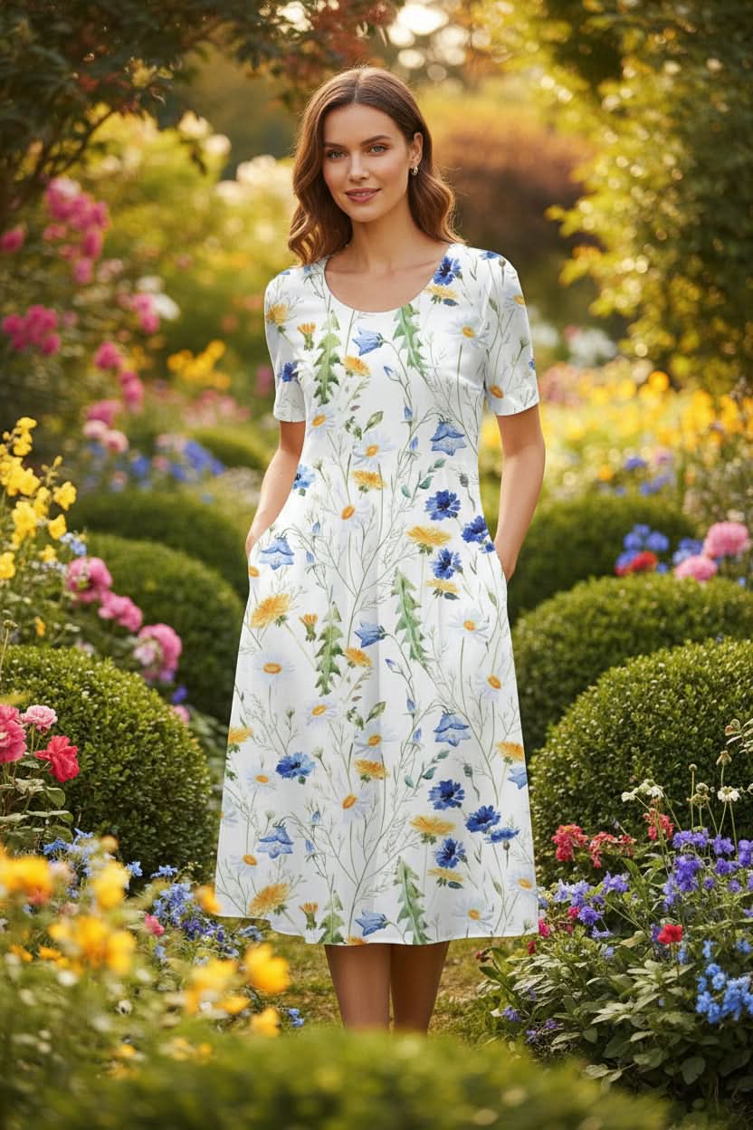 Effortless women's knee-length dress, ultimate comfort for everyday style. Casual summer wear, easy slip-on.
