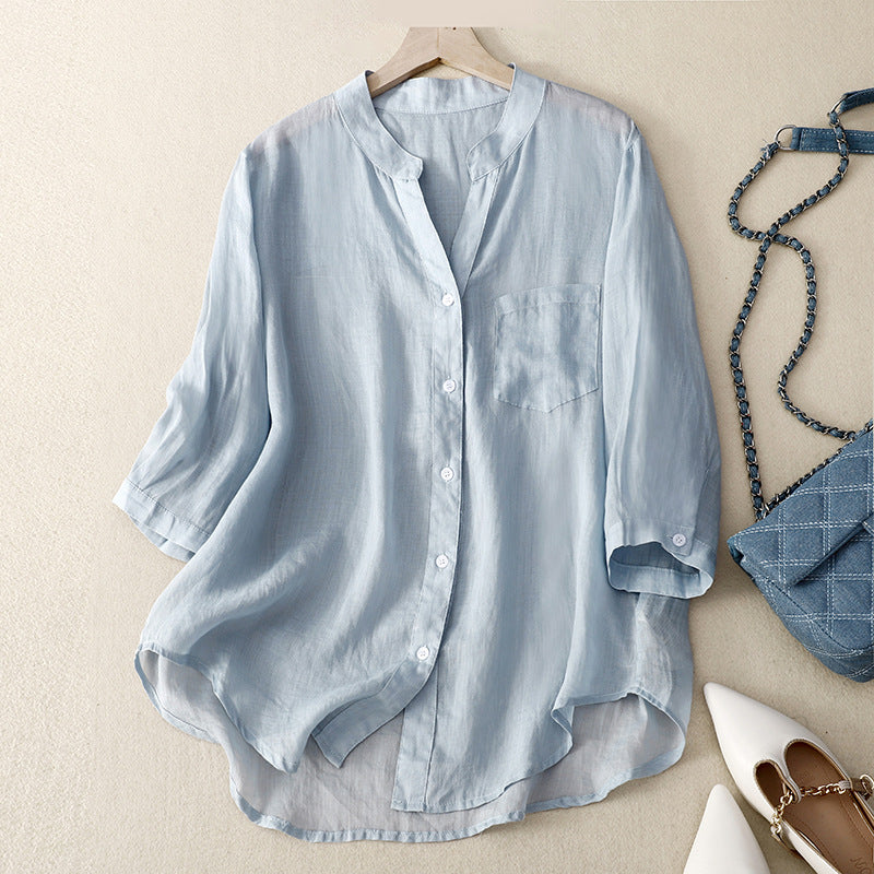 Women's effortless lightweight blouse, a breezy long sleeve button-up perfect for casual summer wear and everyday fashion.