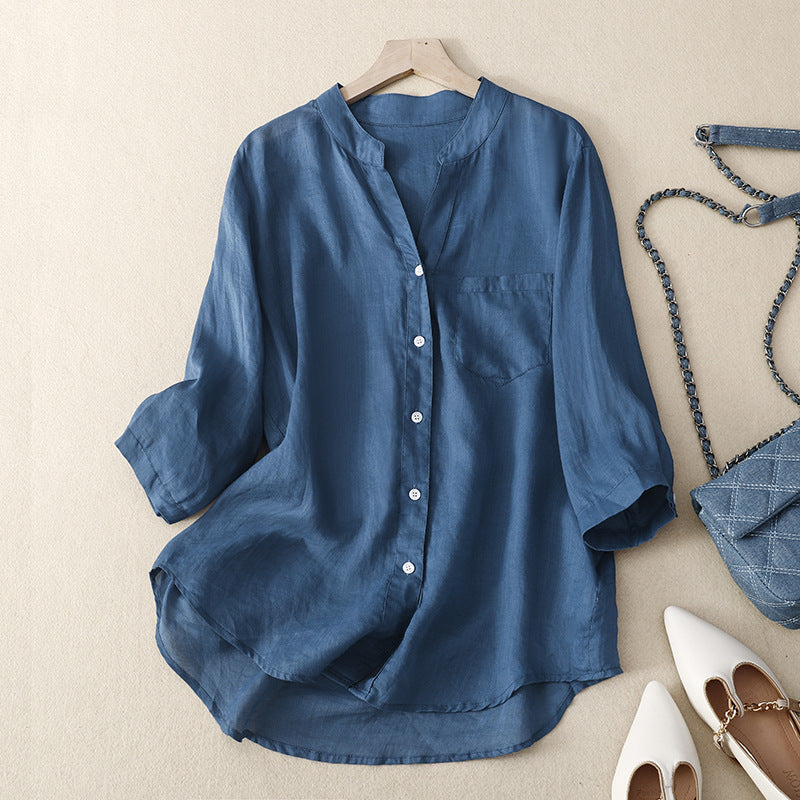 Stylish women's button-up long sleeve blouse, a lightweight top ideal for casual wear, comfort, and everyday fashion.