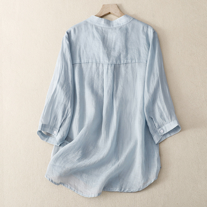 Breezy women's lightweight button-up shirt, a versatile long sleeve blouse for effortless summer style and comfort wear.