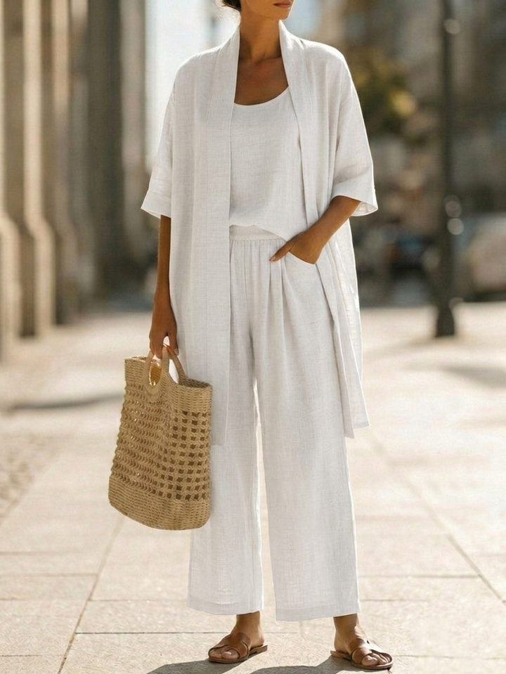Women's effortless linen-cotton 3-piece set, perfect for casual summer wear & resort style.