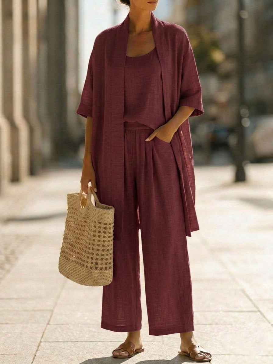 Comfortable women's linen blend three-piece outfit, ideal for relaxing or warm weather fashion.