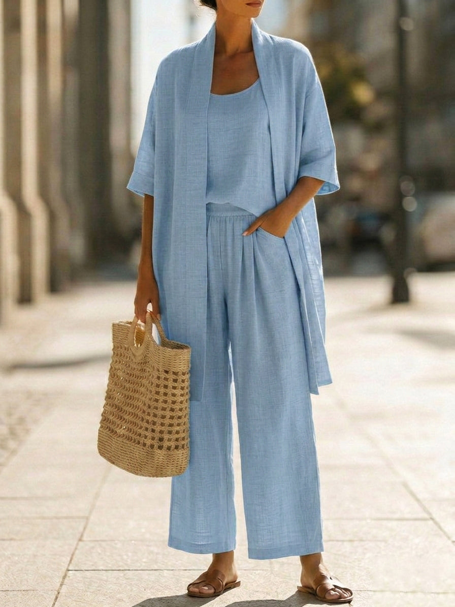 Versatile women's linen-cotton matching set, offering chic and breathable comfort for summer.