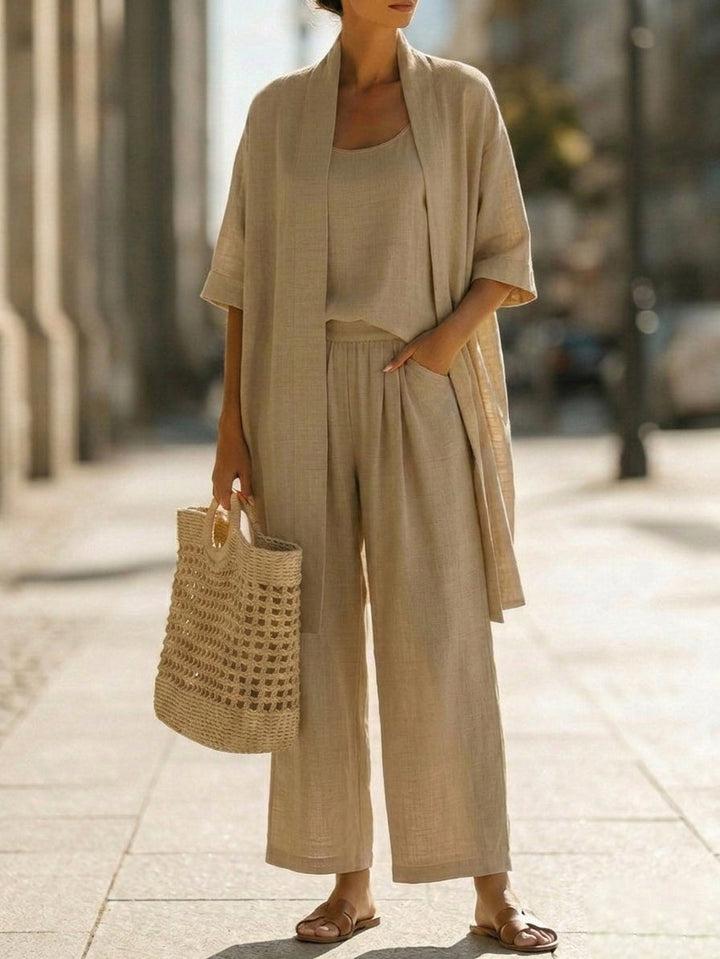 Elegant women's linen blend loungewear set, featuring breathable fabric for effortless summer style.