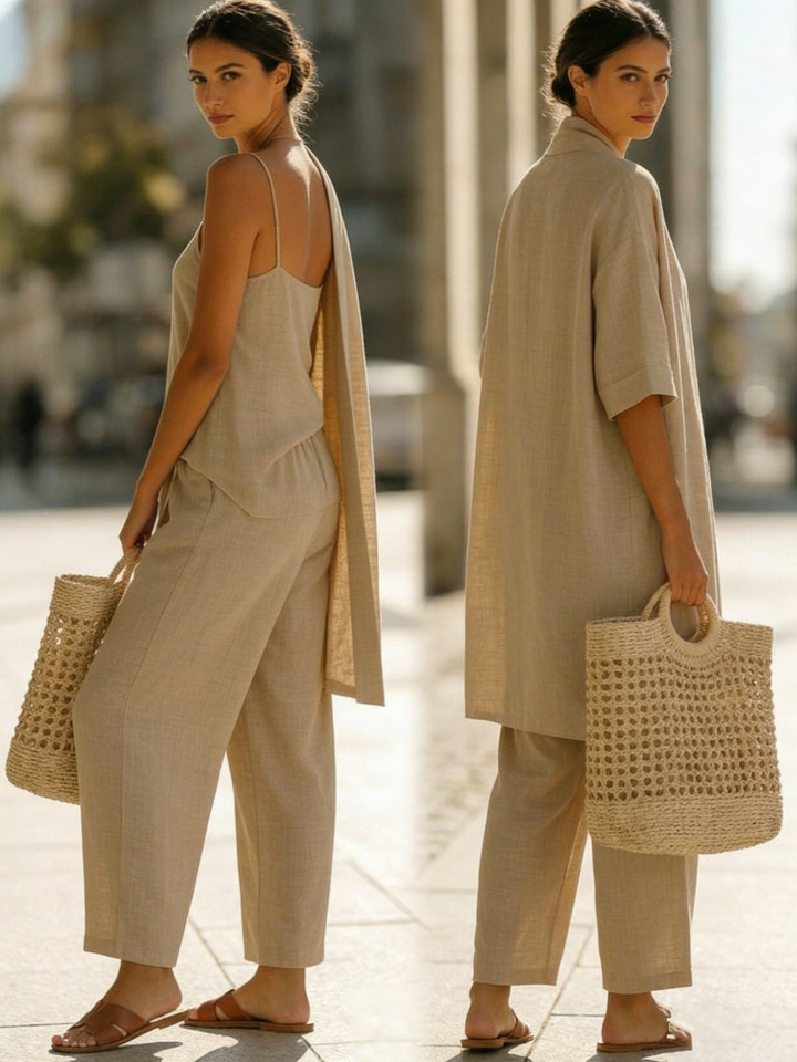 Women's comfortable linen blend matching set, an essential for effortless resort wear & casual elegance.