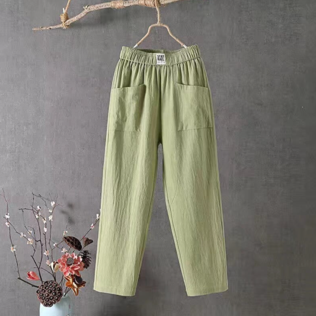 Women's effortless linen trousers with comfortable elastic waist. Perfect for breathable summer fashion & casual wear.