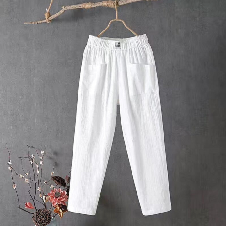 Stylish women's linen pants, Livia collection, elastic waist. Comfortable & versatile for elegant everyday summer fashion.