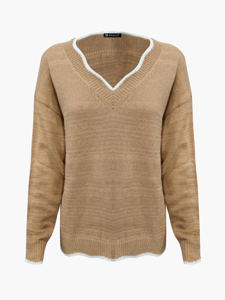 Fashionable women's long sleeve sweatshirt featuring a unique notch V neck.