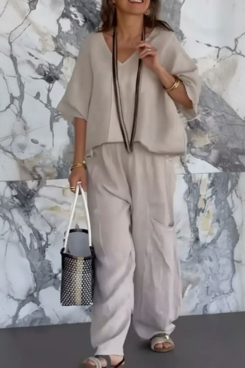 Comfortable women's two-piece pantsuit set with an open back design, perfect for casual chic summer outfits.