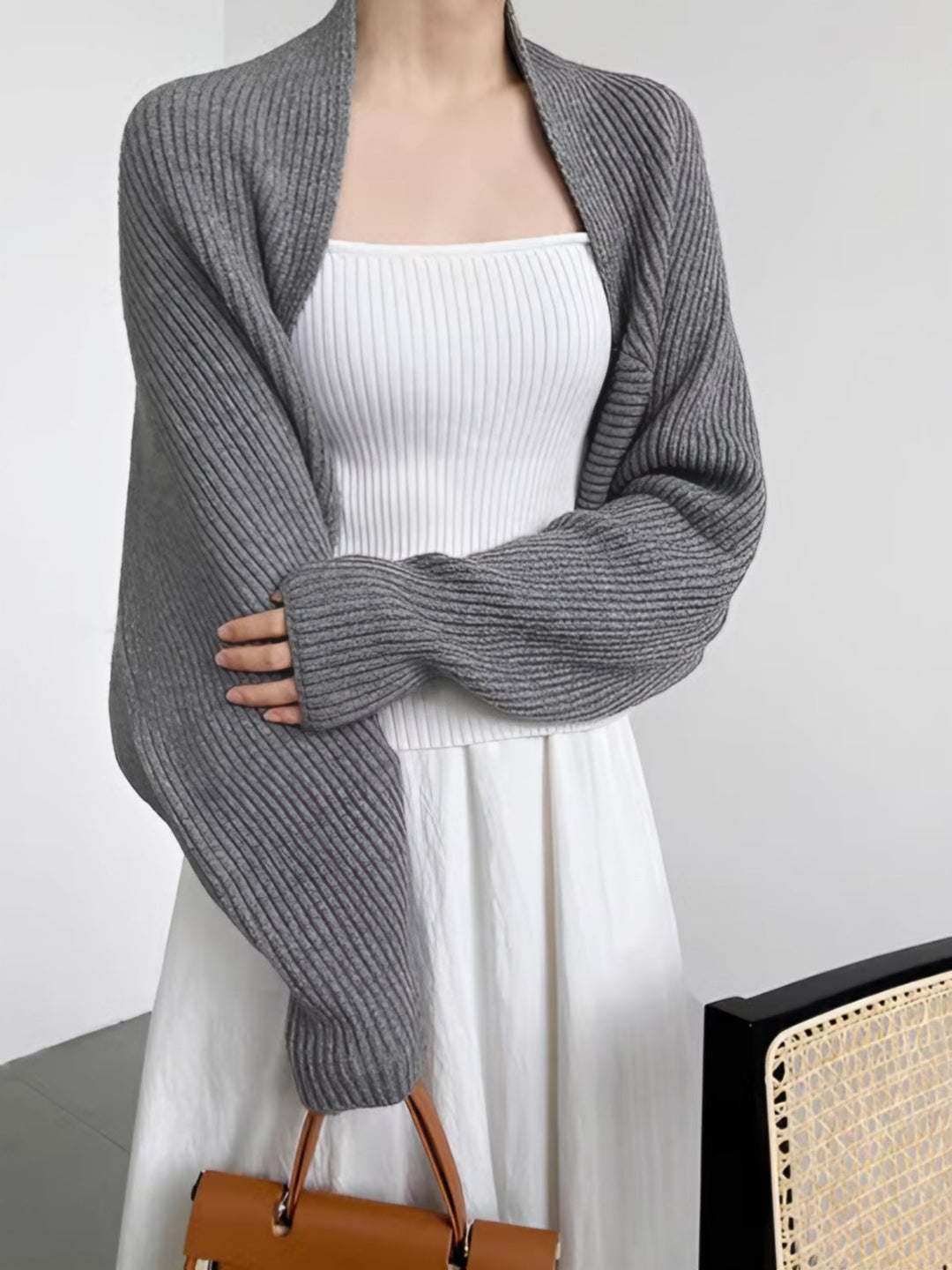 Women's comfortable open-front long-sleeve knit shrug, perfect for versatile and stylish layering.