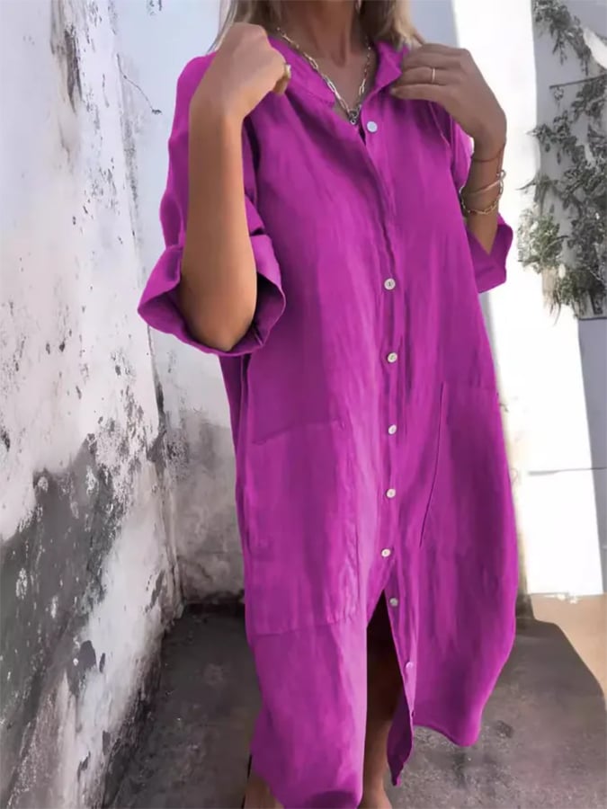 Relaxed fit women's oversized shirt dress with full button down front, perfect for summer comfort.