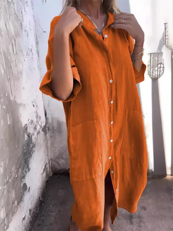 Stylish women's summer midi dress, an effortless oversized button down shirt for warm weather fashion.