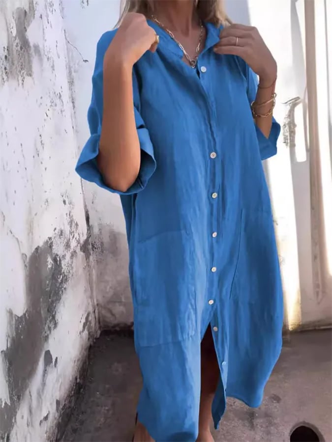 Chic women's oversized tunic shirt dress, a comfortable button down midi for versatile styling.