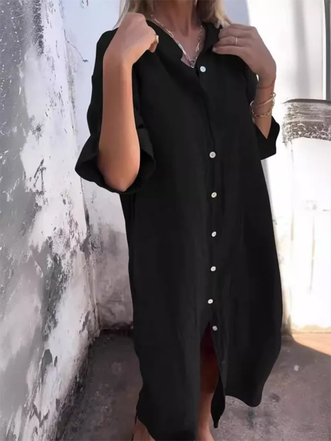Effortless women's button down shirt dress featuring an oversized fit and midi length for casual elegance.