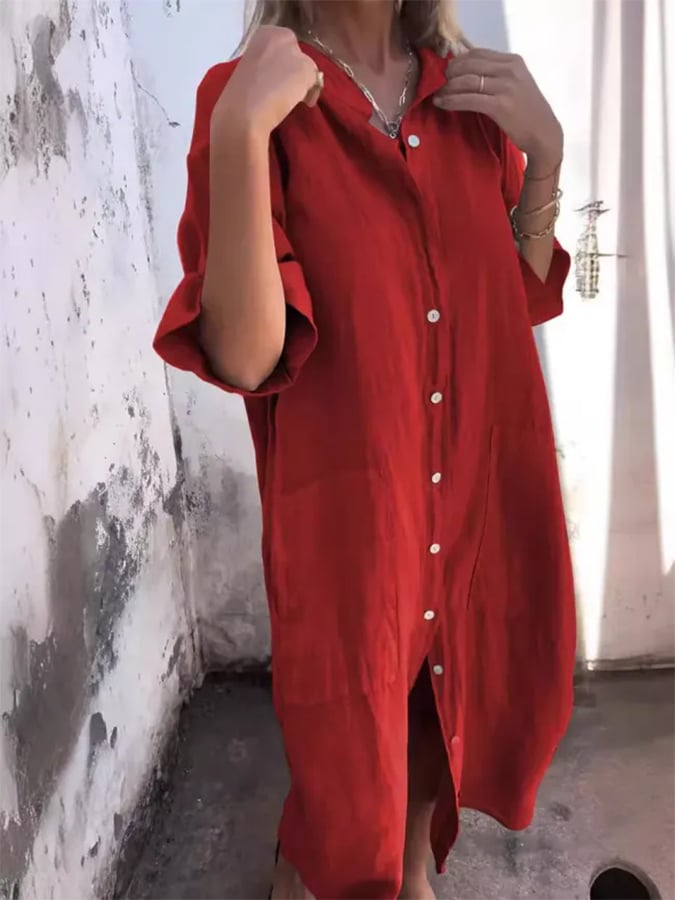 Casual women's oversized button down midi dress, perfect for relaxed summer days or resort vacations.