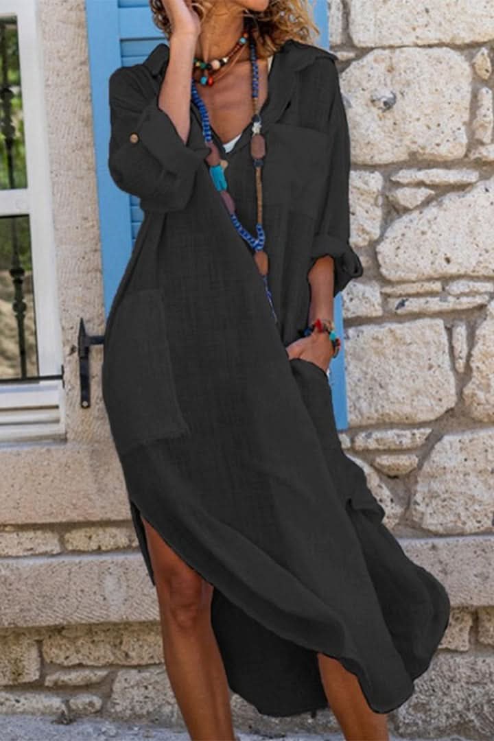 Women's effortless oversized midi shirt dress in boho style. Relaxed fit, long sleeves, perfect for summer evenings.