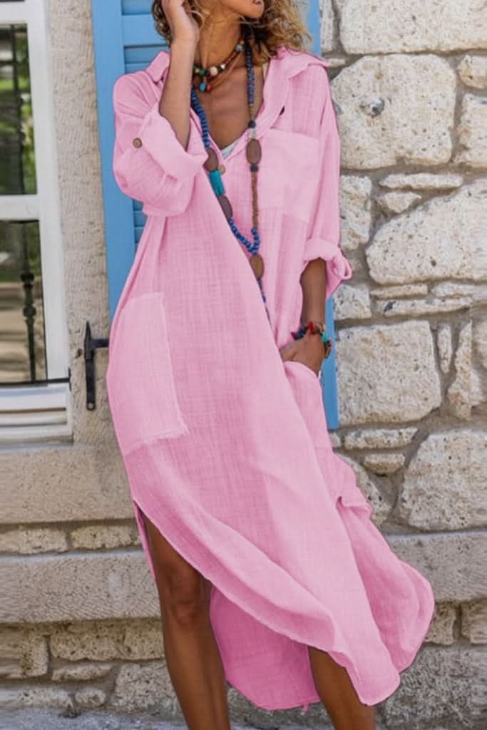 Elegant women's oversized midi shirt dress for evening. Boho style, long sleeves, versatile and comfortable fashion.