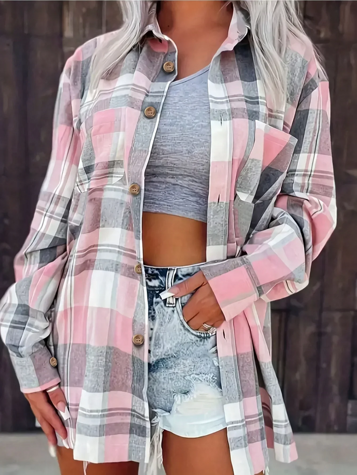 Women's Effortless Plaid Button-Down Shirt, long sleeve casual top.