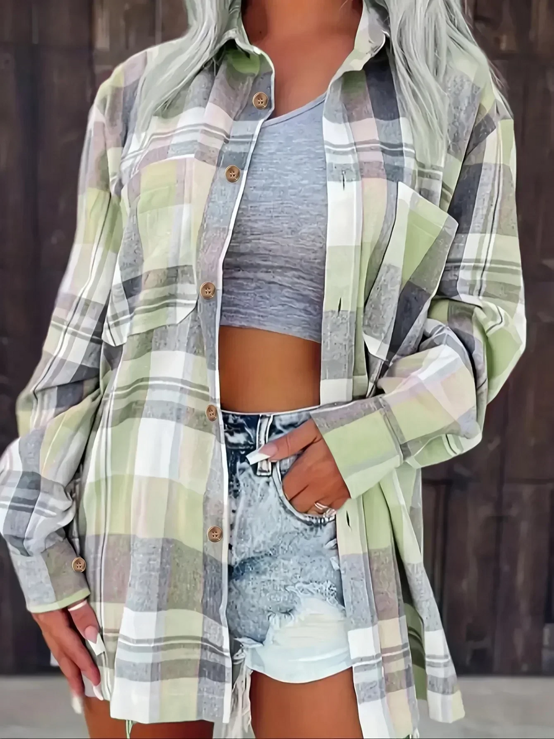 Comfortable women's plaid button-down shirt, a versatile long sleeve top for a chic layered look.